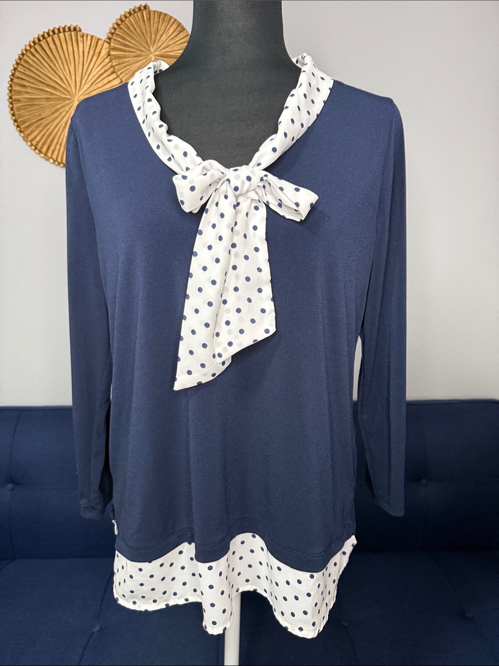 Adrianna Papell Navy with polkadot faux layer neck bow tie blouse size Medium
